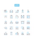 City vector line icons set. Town, Municipality, Metropolis, Urban, Borough, Hamlet, Village illustration outline concept
