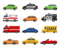 City vehicle. Urban transportation. Cars side view. Police automobile. School bus. Delivery transport. Cabriolet or