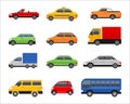 City vehicle. Urban transportation. Cars side view. Van and suv truck. Isolated auto taxi mini or micro modern transport