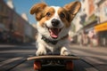 City vibes Cute dog effortlessly glides on skateboard, pure joy Royalty Free Stock Photo