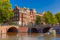 City view of Amsterdam canal, bridge and typical