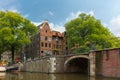 City view of Amsterdam canal, bridge and typical houses, Holland Royalty Free Stock Photo