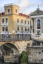 City view, arched stone bridge,Puente de los Peligros and ancient buildings,Murcia,Spain. Royalty Free Stock Photo