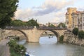 City view, arched stone bridge,Puente de los Peligros over Segura river,Murcia,Spain.