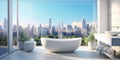 City view behind panoramic window and white bath tub against it. Interior design of modern bathroom