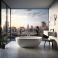 City view behind panoramic window and white bath tub against it. Interior design of modern bathroom
