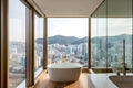 City view behind panoramic window and white bath tub against it.Interior design of modern bathroom. Created with generative AI
