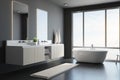 City view from big window in modern style interior design bathroom with white bath, dark wall and mirrors with sinks for two Royalty Free Stock Photo