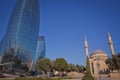 City view of the capital of Azerbaijan - Baku. Famous Flame Towers, mosque and funicular station.