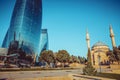 City view of the capital of Azerbaijan - Baku. Famous Flame Towers, mosque and funicular station. Martyrdom Mosque Royalty Free Stock Photo