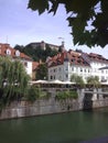 City view, castle and river in summer