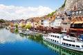 City view of Dinant on Meuse river with ships