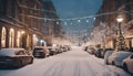 City view, lights, falling snow, night, street, bokeh spots of headlights of moving cars. Royalty Free Stock Photo