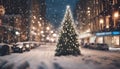 City view, lights, falling snow, night, street, bokeh spots of headlights of moving cars. Royalty Free Stock Photo