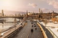 City view of the Moskva River and the Kremlin in winter.Tourism in Russia