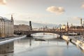 City view of the Moskva River and the Kremlin in winter.Tourism in Russia