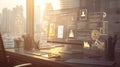 City view office, programmer coding, sunset glow, data analysis Royalty Free Stock Photo