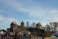 City view with old shabby russian brick church building, Torzhok, Russia