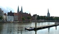 City view of old town from a lake, beautifil architecture, Lubeck, Germany