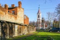 City view with wooden sheds in the foreground and Orthodox church in the back Royalty Free Stock Photo