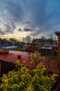 City view from the rooftop of a red houseboat of Amsterdam