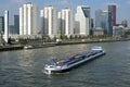 City view Rotterdam, skyscrapers and river traffic Royalty Free Stock Photo