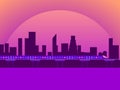 City view sunset. Cityscape with skyscrapers and train. Cyberpunk and retro futurism. Vector Royalty Free Stock Photo