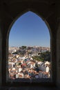 City viewed through castle`s window in Lisbon Royalty Free Stock Photo