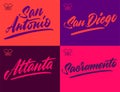 City vintage grange inscription. San Antonio, San Diego, Atlanta, Sacramento Vector illustration