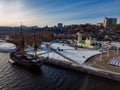 City of Voronezh, aerial view. Admiralteiskaya square, Assumption Admiralty Church and monument of first Russian ship