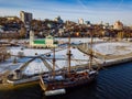 City of Voronezh, aerial view. Admiralteiskaya square, Assumption Admiralty Church and monument of first Russian ship