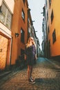 City walk in Stockholm woman traveling alone Royalty Free Stock Photo