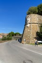 City wall with Coat of arms of the Medici family in Montalcino. Tuscany. Italy