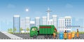 City waste recycling concept with garbage truck and garbage collector on city view background