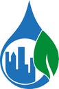 City, water drops and leaf, eco city and ecology logo, ecology logo Royalty Free Stock Photo