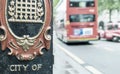 City of Westminster road sign with red bus and taxi on background - London Royalty Free Stock Photo