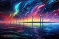 City & Wind Farm Over Water: Colorful Night Sky, generative ai Royalty Free Stock Photo