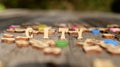 City. Wooden letters on a gray blurred background