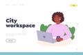 City workspace concept of landing page with girl work at laptop drink coffee at open workplace