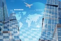 City with world map and jet Royalty Free Stock Photo