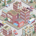 City district in isometric 3d style. Vector town. Set of buildings, houses, townhouses, multi-family homes, shop, bar, school, hos