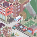 City district in isometric 3d style. Modern town. Set of buildings, houses, townhouses, multi-family homes, shop, bar, school, hos