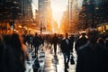 In the citys blur, anonymous pedestrians navigate the bustling street