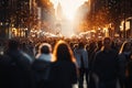 In the citys blur, anonymous pedestrians navigate the bustling street