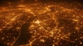 With the citys bright lights out of focus the rivers and highways appear as a web of glowing pathways leading towards