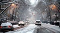 The citys bustling streets are now silent and still as the snow covers cars like a frozen shroud