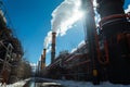 Citys winter comfort, Factory pipes release steam from heating boiler