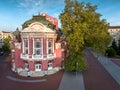 Cityscape aerial view of downtown street of Varna city, Bulgaria, building of Opera house and Drama Theatre, Fountain