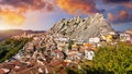 Cityscape aerial view of medieval city of Pietrapertosa, Italy. View of Pietrapertosa town in the Lucanian Dolomites in Italy.