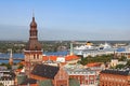 Cityscape aerial view on the old town with Dome cathedral and liner in Riga port, Riga city Royalty Free Stock Photo